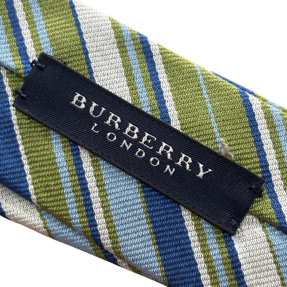 Vintage Burberry London long silk necktie green blue stripe hand made in England - Picture 8 of 13